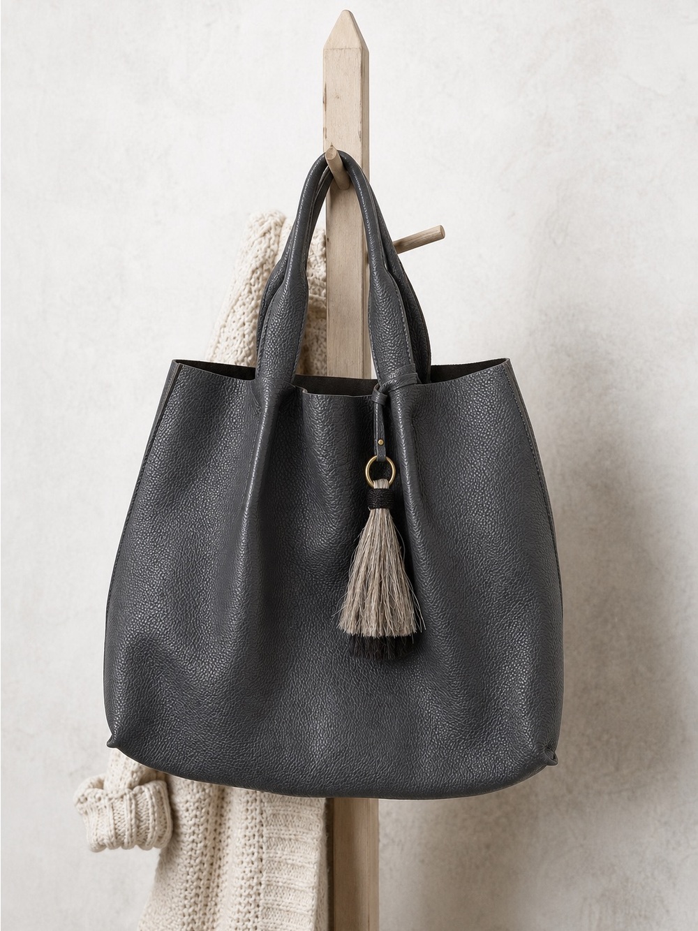 Olivine Maggie Grey Pebble Leather Tote Bag with Tassel